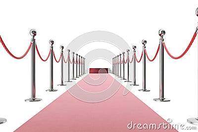 Red carpet isolated on white background. 3d rendering of silver stanchions and ropes between them Stock Photo