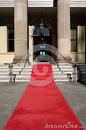 Red carpet, celebrity hotel or theater entrance, vertical, copy space Stock Photo