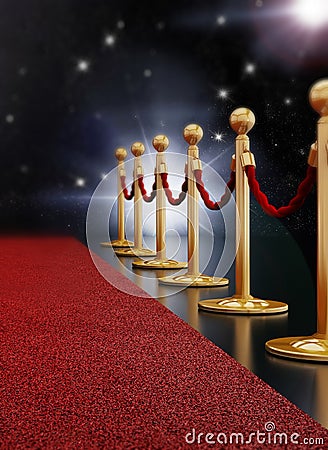 Red carpet night illuminated with flashes. 3D illustration Cartoon Illustration