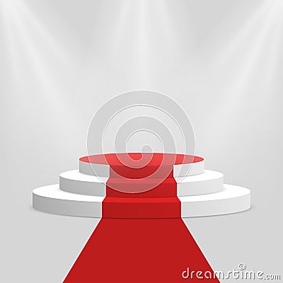 Red carpet and podium. White round pedestal with stairs on background. Stage for winners and award ceremony Vector Illustration