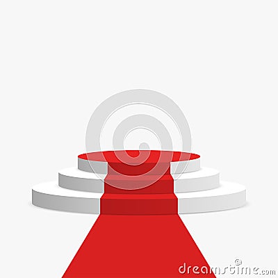 Red carpet and podium. White round pedestal with stairs isolated on background. Stage for winners and award ceremony Vector Illustration
