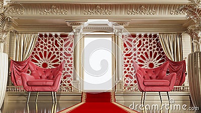 red carpet between 2 red armchair leading to an open shaining door with arabesque style, Stock Photo