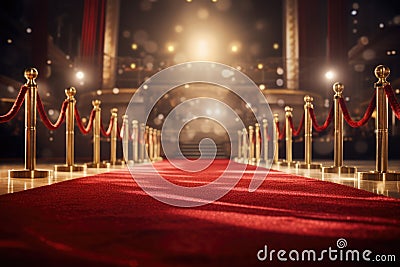 Red carpet rolling out in front of glamorous movie Presentation, Red carpet with red carpet and spotlights, 3D rendering., AI Stock Photo