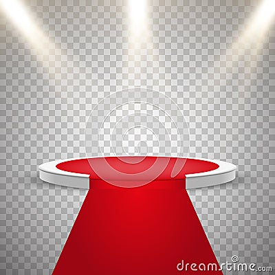 Red carpet and round podium with lights effect Vector Illustration