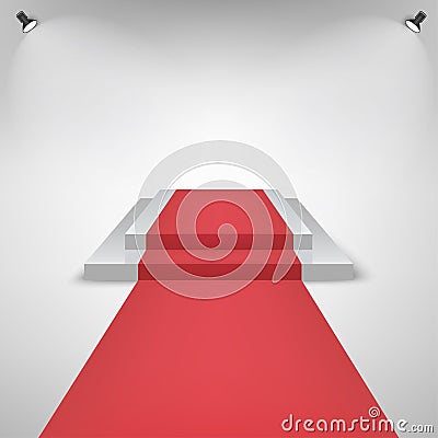 Red carpet on a Stage Podium For Award with lights effect. White Stage with stairs. Pedestal for winners. Vector Vector Illustration