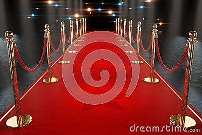 Red carpet for the stars, with gold stands and paparazzi flashes. Pop star concept, reception, ceremony, show, VIP. Copy space, 3D Cartoon Illustration