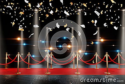 Red carpet for the stars, with gold stands and paparazzi flashes. Pop star concept, reception, ceremony, show, VIP. Copy space, 3D Cartoon Illustration