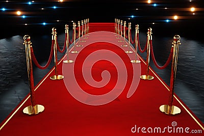 Red carpet for the stars, with gold stands and paparazzi flashes. Pop star concept, reception, ceremony, show, VIP. Copy space, 3D Cartoon Illustration