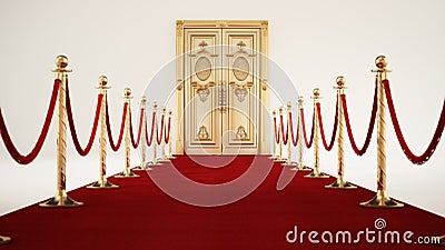 Red carpet and velvet ropes leading to the golden door. 3D illustration Cartoon Illustration