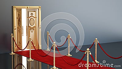Red carpet and velvet ropes leading to the half open golden door. 3D illustration Cartoon Illustration