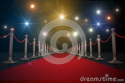 Red carpet for VIP. Flash lights in background. 3D rendered illustration Cartoon Illustration