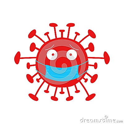 Red cartoon coronavirus bacteria with blue face mask. Isolated on white background. Vector stock illustration Vector Illustration
