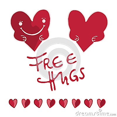 Red cartoon heart with hands and free hugs lettering Hand drawn vector illustration Cartoon Illustration