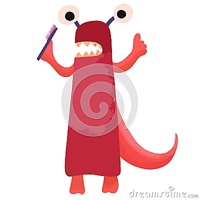 A red cartoon monster with carious teeth stands with a toothbrush in his hand. Illustration for children in the edification of Stock Photo
