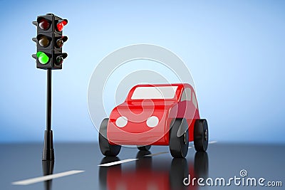 Red Cartoon Toy Car with Traffic Light. 3d rendering Stock Photo