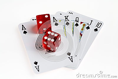 Red Casino Dice on Poker Hand Stock Photo