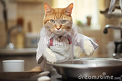 A red cat in an apron washes dishes in a home kitchen Cartoon Illustration