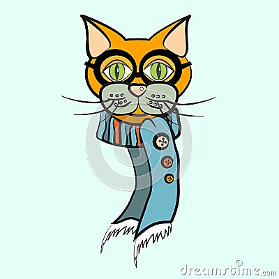 Red cat in glasses and scarf Vector Illustration