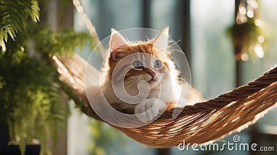 red cat on a hammock A small red kitten with a gentle purr, nestled comfortably in a hammock Stock Photo