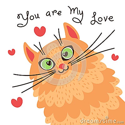 A red cat loves you. Card with sweet ginger kitten who confesses in love. Vector illustration Vector Illustration