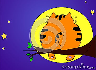 Red cat in the night sitting on a branch and looks at the moon. Vector Illustration