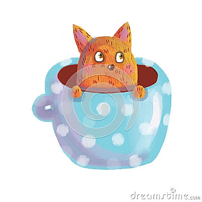 Red cat sitting in a blue mug Stock Photo