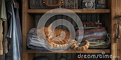 The red cat sleeps in the closet among the things Stock Photo