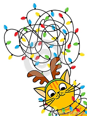 Red cat tangled christmas lights in christmas deer Vector Illustration