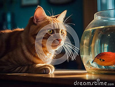 A red cat watches a fish in an aquarium. AI generated Stock Photo