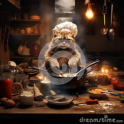 Red cat wearing chef hat and cooking in kitchen with various pots and pans Stock Photo