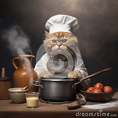 Red cat wearing chef hat and cooking in kitchen with various pots and pans Stock Photo