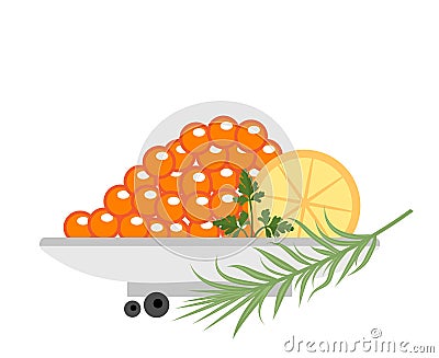 Red caviar in a plate with lemon and green icons. Flat style, isolated on white background. Vector illustration, clip Vector Illustration