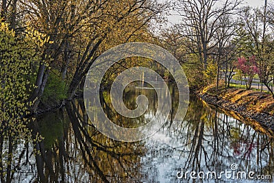 Red Cedar river winding through Michigan State University campus. Stock Photo