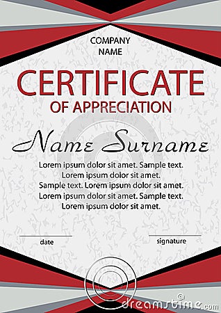 Red certificate of appreciation, diploma. Vertical template. Vector Illustration