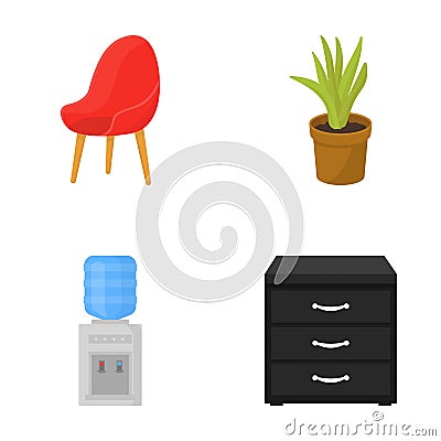 A red chair with a comfortable back, an aloe flower in a pot, an apparatus with clean water, a cabinet for office papers Vector Illustration