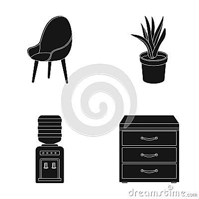 A red chair with a comfortable back, an aloe flower in a pot, an apparatus with clean water, a cabinet for office papers Vector Illustration