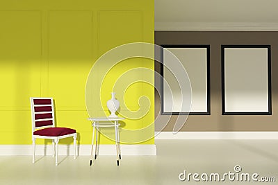 Red chair living room, two posters, yellow Stock Photo