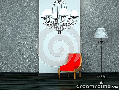 Red chair with luxury chandelier and stand lamp Stock Photo