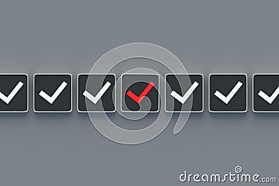 Red check mark on button. Incorrect choice concept. Wrong decision. Negative action. Falsification of results Stock Photo