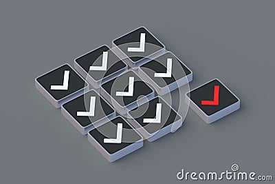 Red check mark on button. Unsuccessful check. Reject startup project. Unacceptable offer. Contract cancellation Stock Photo