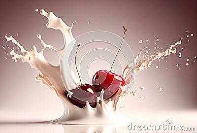 Red cherries on a background of splashes of milk. Stock Photo