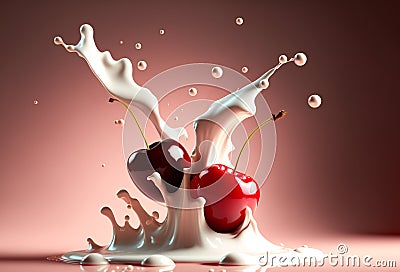 Red cherries on a background of splashes of milk or yogurt. Stock Photo