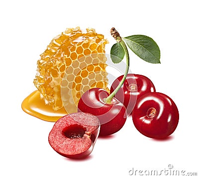 Red cherries and honey. Berries and honeycomb isolated on white background Stock Photo