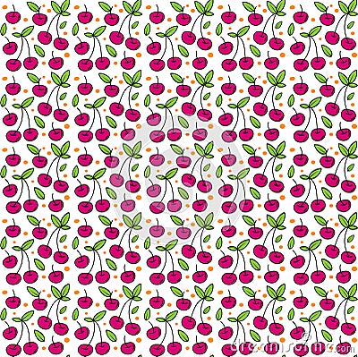 Red Cherry Seamless Pattern Texture with Leaves and Orange Polka Dot Element Vector Illustration