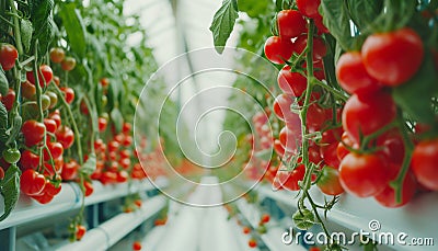 Red Cherry tomato ripe branches close up photo in modern Hydroponics Horticulture farm in daylight greenhouse. Advantages of Stock Photo