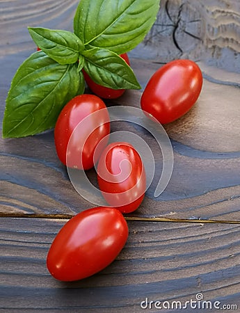 Red cherry tomatoes and basil leaves on a wooden background. Selective focus. Local products consumption concept. Healthy eating Stock Photo