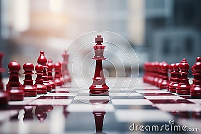 A red chess pawn standing in front of a group of red chess pieces. Generative AI Stock Photo