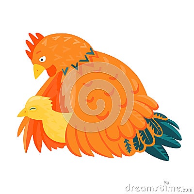 Red chicken with a yellow chick Vector Illustration