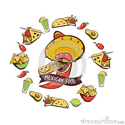 Red chili eats burritos. Mexican food. A set of popular Mexican Vector Illustration