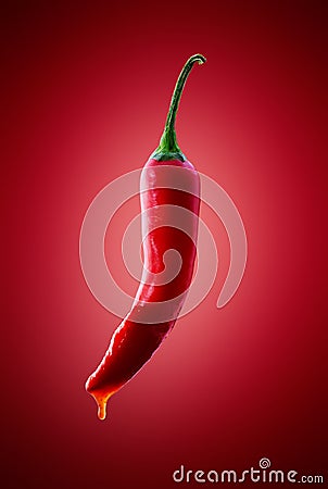 Red Chili Pepper with Hot Chili Sauce Drips Stock Photo